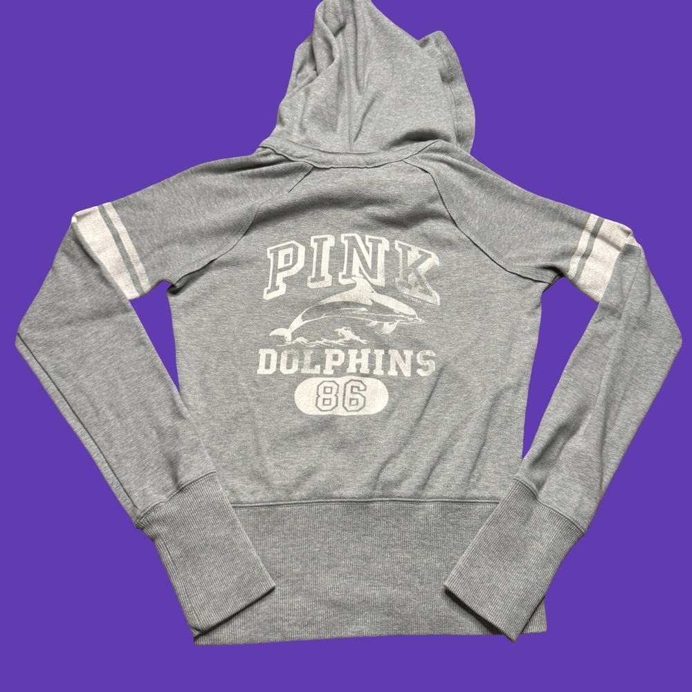 Victoria's Secret PINK Hoodie Womens Gray Dolphins V Neck Pullover Sweatshirt